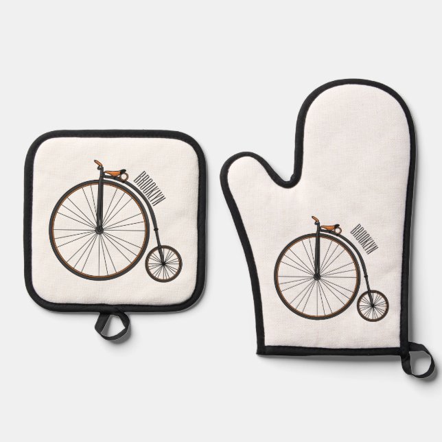 High wheel bicycle cartoon illustration  oven mitt & pot holder set (Front)