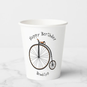High wheel bicycle cartoon illustration  paper cups