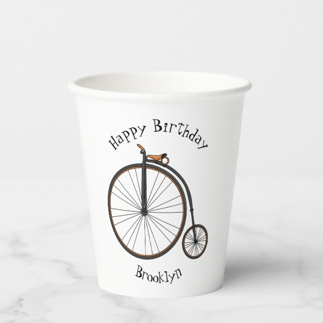 High wheel bicycle cartoon illustration  paper cups (Front)