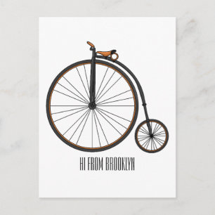High wheel bicycle cartoon illustration postcard