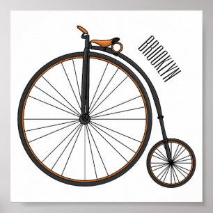 High wheel bicycle cartoon illustration poster