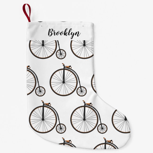 High wheel bicycle cartoon illustration  small christmas stocking (Front)