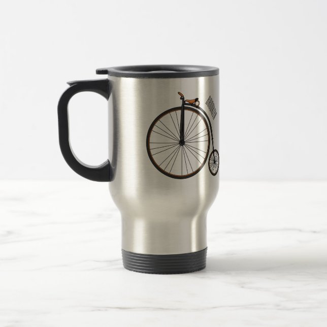 High wheel bicycle cartoon illustration travel mug (Left)