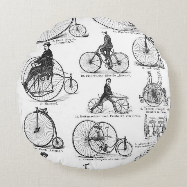 High Wheeler Bicycle Penny Farthing Round Cushion (Front)
