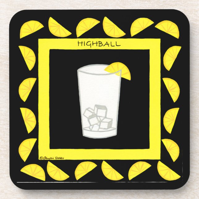 Highball Alcohol Retro Drink Art Green Limes Black Coaster (Front)