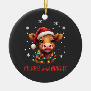 Highland Baby Cow Christmas Lights Ceramic Tree Decoration