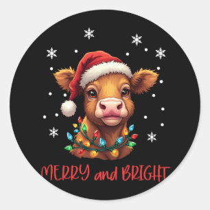 Highland Baby Cow Christmas Lights Classic Round Sticker