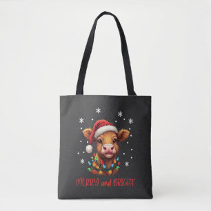 Highland Baby Cow Christmas Lights Tote Bag