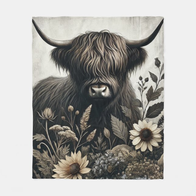 Highland Bull with Sunflower Fleece Blanket (Front)
