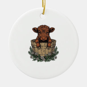Highland Calf Shirt Vintage Daisy Bucket Art Ceramic Tree Decoration