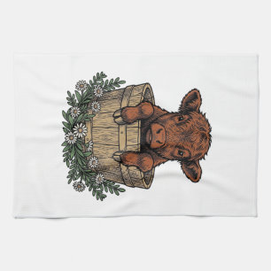 Highland Calf Shirt Vintage Daisy Bucket Art Tea Towel