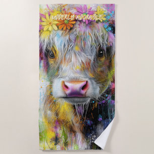 Highland Calf Vibrant Coloured Flowers  Beach Towel