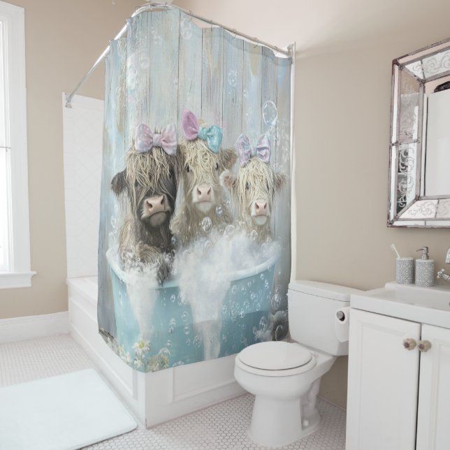 Highland Calves Blue Bubble Bath Distressed Wall Shower Curtain (In Situ)
