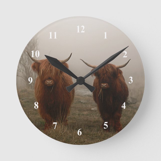 Highland Cattle Fog Photo Round Clock (Front)