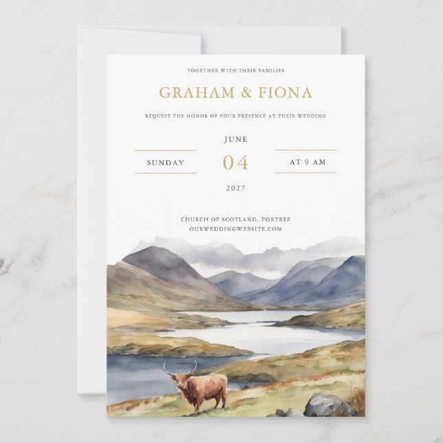 Highland Coo Watercolor Invitation (Front)