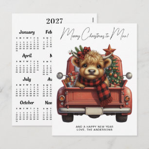 Highland Cow 2027 Calendar Red Truck Christmas Holiday Postcard