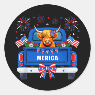 Highland cow 4th of july american flag patriotic classic round sticker