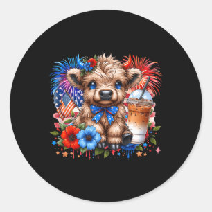 Highland Cow 4th Of July Floral Usa Patriotic Cow Classic Round Sticker