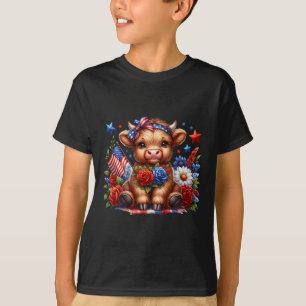 Highland Cow 4th Of July Floral Usa Patriotic Cow T-Shirt