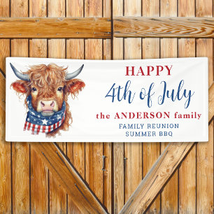Highland Cow 4th Of July Red White Blue Patriotic Banner