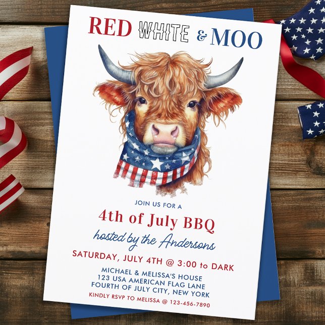 Highland Cow 4th Of July Red White Blue Patriotic Invitation (Creator Uploaded)