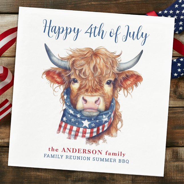 Highland Cow 4th Of July Red White Blue Patriotic Napkin (Creator Uploaded)