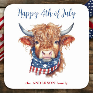 Highland Cow 4th Of July Red White Blue Patriotic Square Sticker