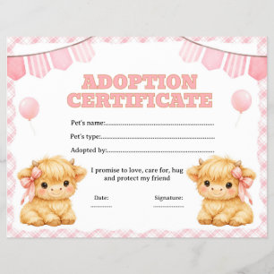 Highland cow adopt a pet certificate editable flyer