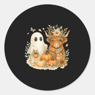 Highland Cow &amp; Ghost Pumpkin Patch Watercolor  Classic Round Sticker