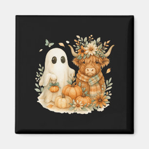 Highland Cow & Ghost Pumpkin Patch Watercolor Magnet