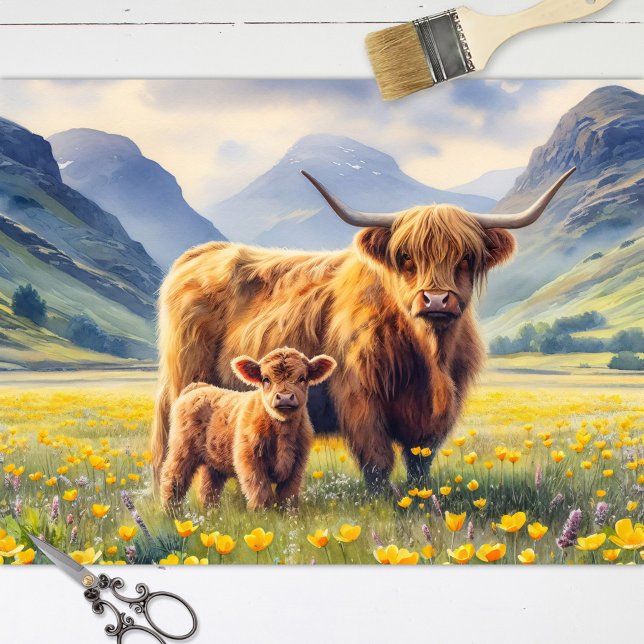 Highland Cow and Calf Buttercup Field Decoupage Tissue Paper (Creator Uploaded)