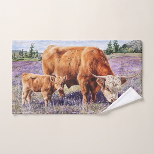 Highland Cow and Calf Purple Wildflowers Hand Towel (Hand Towel)