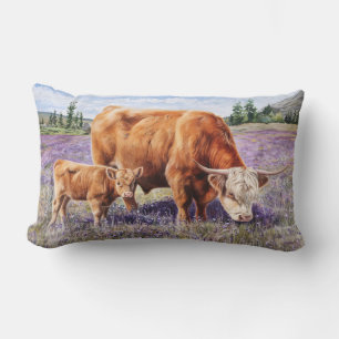Highland Cow and Calf Purple Wildflowers Lumbar Cushion