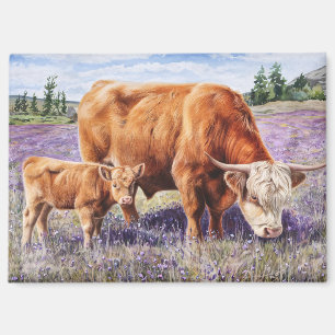 Highland Cow and Calf Purple Wildflowers Magnet