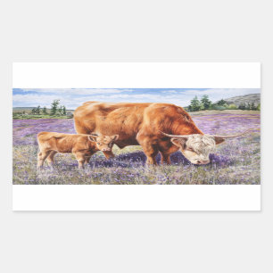 Highland Cow and Calf Purple Wildflowers Rectangular Sticker