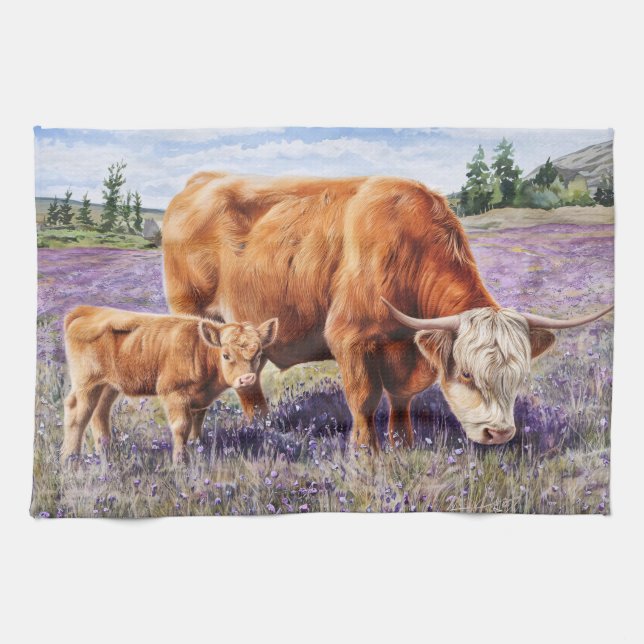 Highland Cow and Calf Purple Wildflowers Tea Towel (Horizontal)