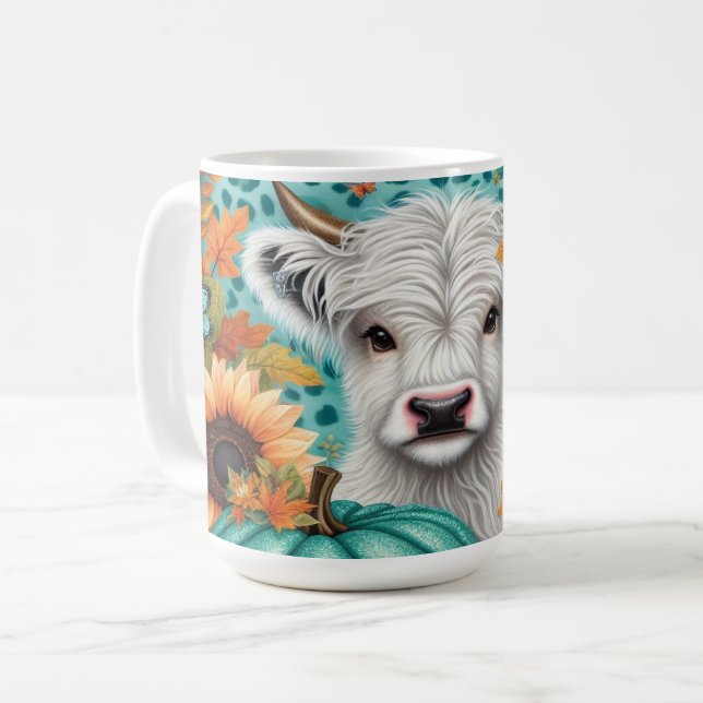 Highland Cow and Colourful Pumpkins and Sunflowers Coffee Mug (Front Left)