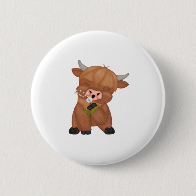 Highland Cow and Dandelion Puff Classic T-Shirt 6 Cm Round Badge (Front)