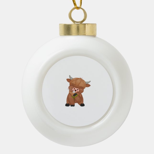 Highland Cow and Dandelion Puff Classic T-Shirt Ceramic Ball Christmas Ornament (Front)