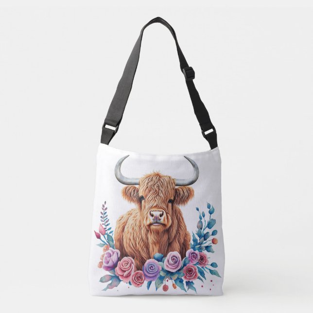 Highland Cow and Flowers Watercolor Crossbody Bag (Front)