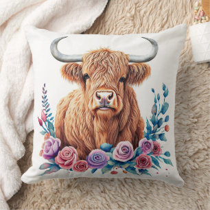 Highland Cow and Flowers Watercolor Cushion