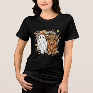 Highland Cow and Ghost Halloween T-Shirt – Rustic Tri-Blend Shirt