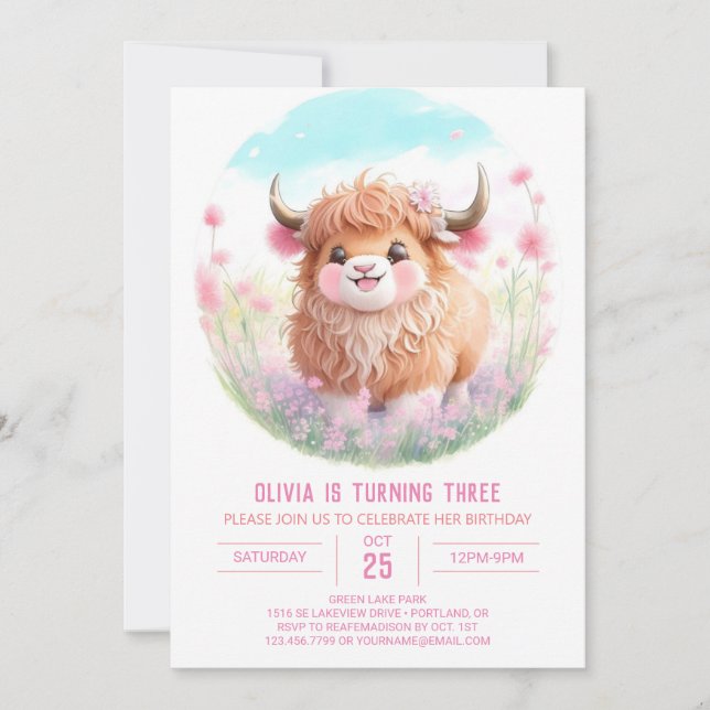 Highland Cow and Pink Blooms Birthday Invitation (Front)