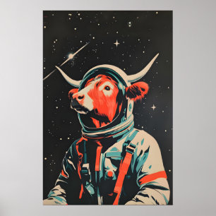 Highland Cow Astronaut Poster, Highland Cow Retro Poster