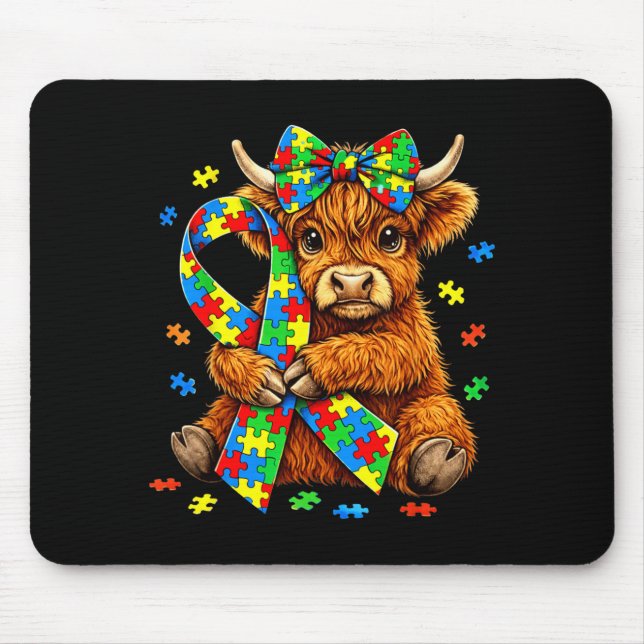 Highland Cow Autism Awareness Puzzle Coquette Bow Mouse Pad (Front)