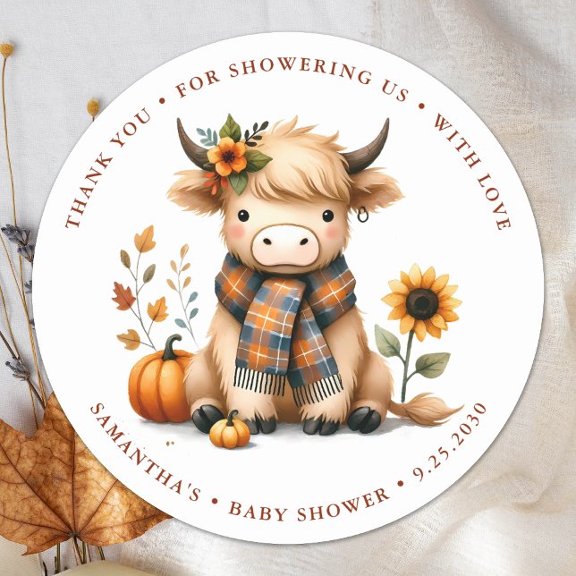 Highland Cow Autumn Cute Calf Baby Shower Classic Round Sticker (Creator Uploaded)