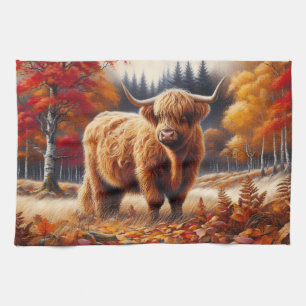 Highland Cow Autumn Watercolor Tea Towel