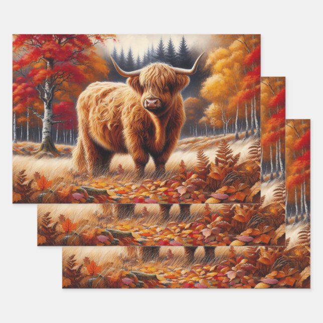 Highland Cow Autumn Watercolor Wrapping Paper Sheet (Set)
