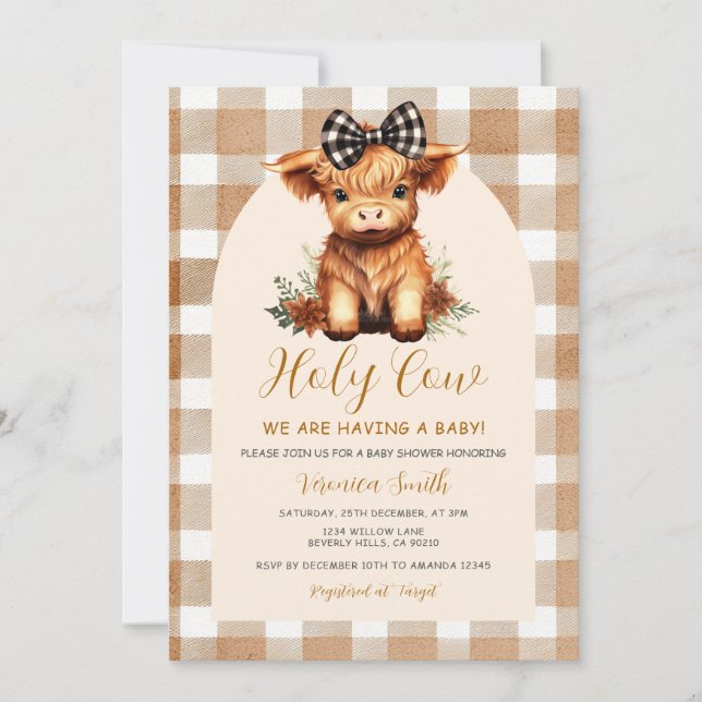 Highland Cow Baby Shower with Bow Gingham Floral Invitation (Front)