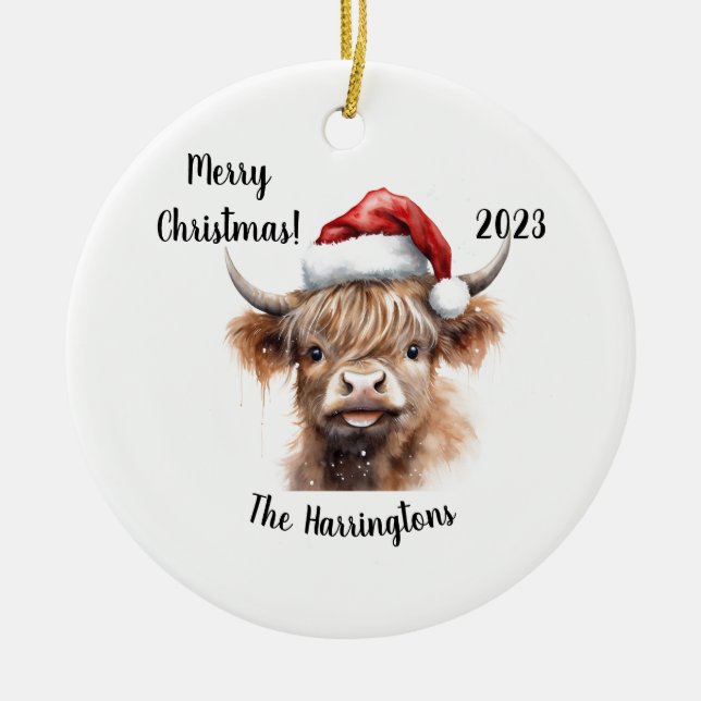 Highland Cow Baby with Santa Hat Christmas Ceramic Tree Decoration (Front)